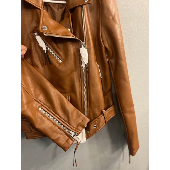 Rebecca Minkoff Cognac Brown Vegan Faux Leather Moto‎ Jacket Biker Zip Up Small - Picture 5 of 13
